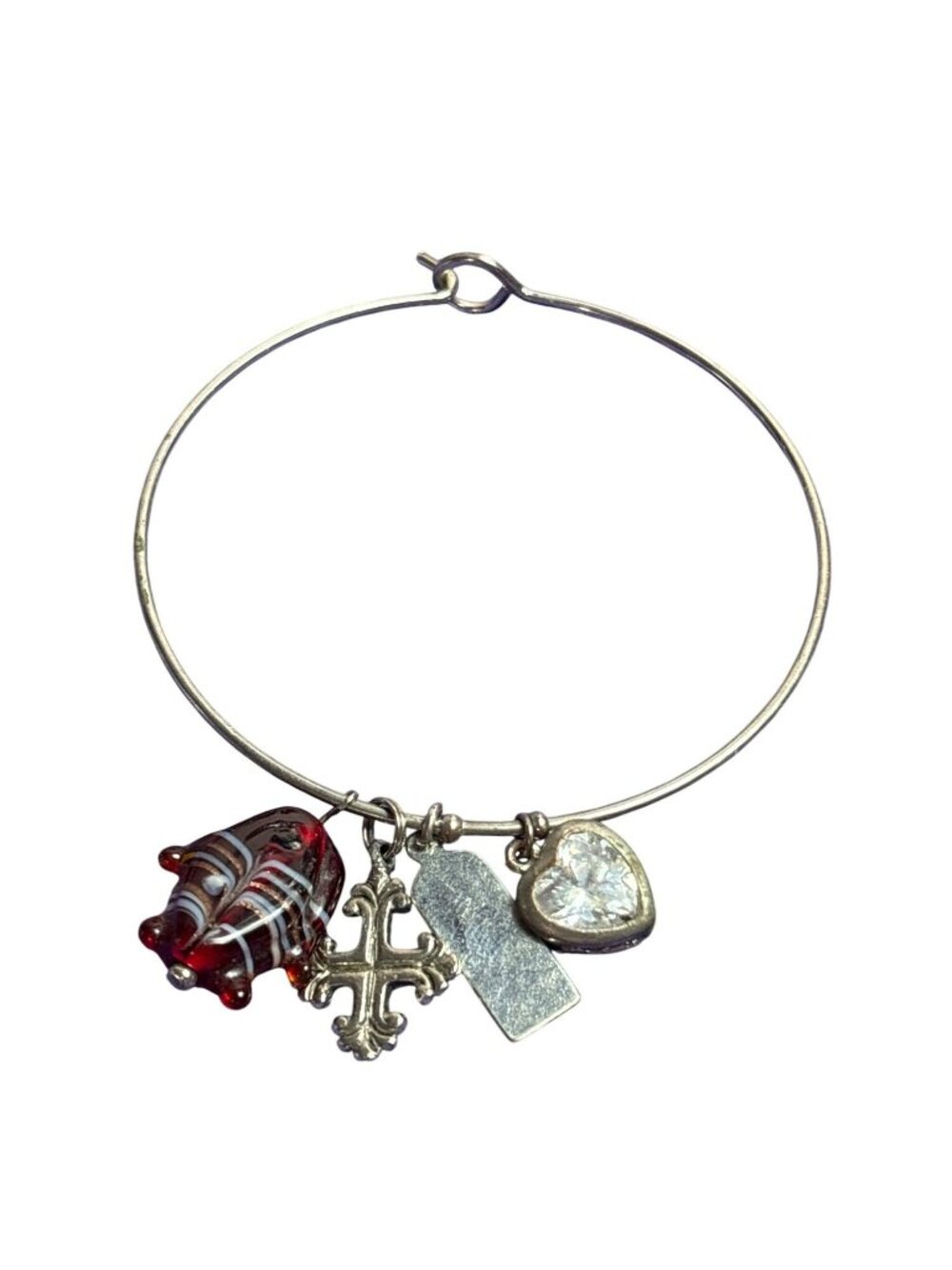 Silvertone Charm Bracelet Clear Rhinestone Heart Cross Love Red Blue Gold Black